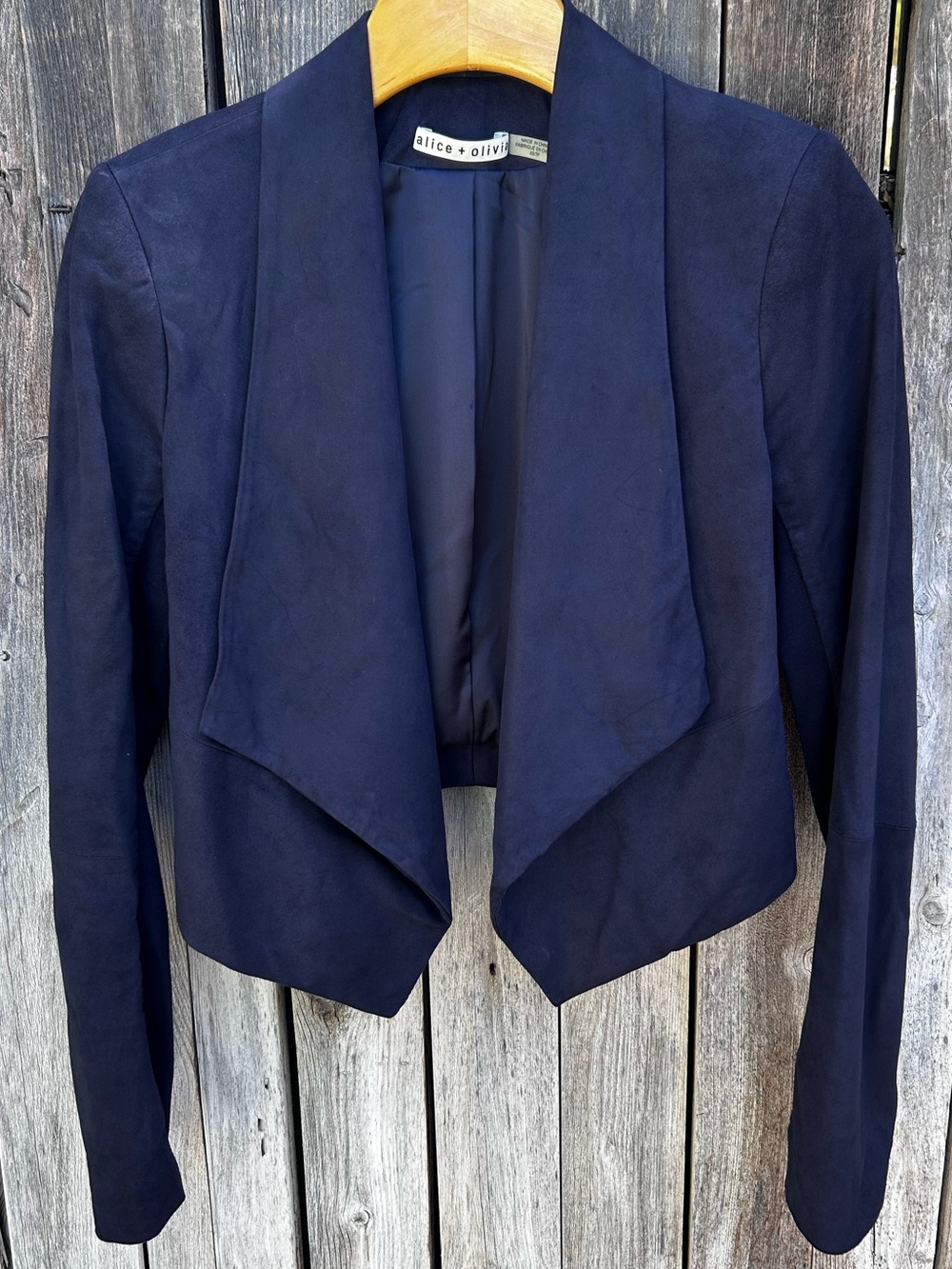 Alice + Olivia Harvey Open Front Suede Jacket Goat Leather Navy Blue XS